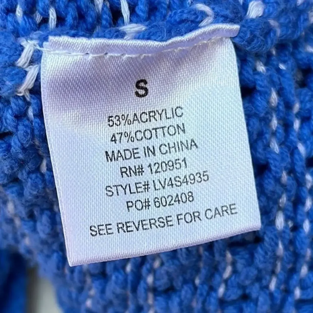 Olive & Oak Blue White Open Weave Knit Crewneck Sweater S Button Detail Back